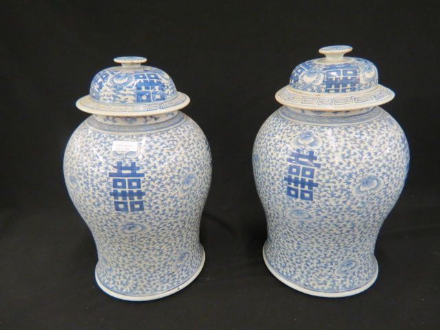 Appraisal: Pair of Chinese Blue White Porcelain TempleJars signed early and