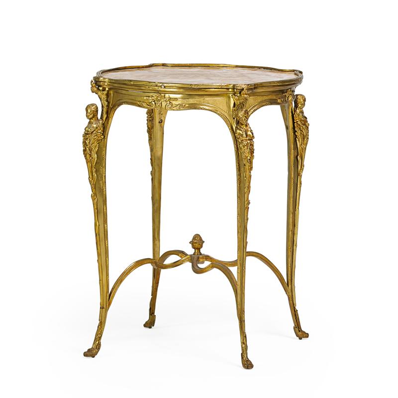 Appraisal: LOUIS XV STYLE SIDE TABLE Gilt metal with caryatid supports