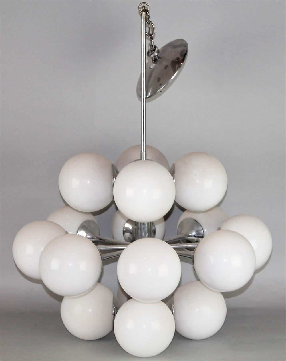 Appraisal: MID-CENTURY HANGING SPUTNIK SIXTEEN-LIGHT FIXTURE with white frosted globes four