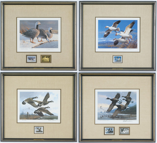 Appraisal: FOUR WATERFOWL COLOR PRINTS WITH STAMPS and metal title plates