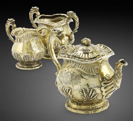 Appraisal: A George IV three-piece silver-gilt tea service Paul Storr London