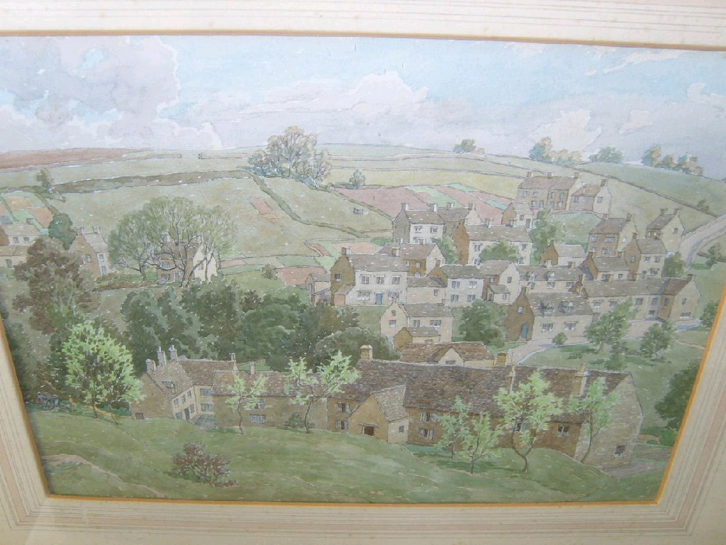 Appraisal: A watercolour of a Cotswold hill village together with an