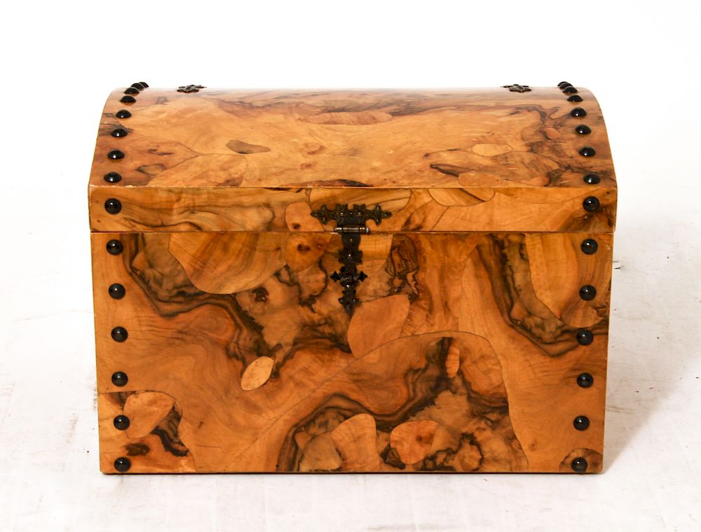 Appraisal: Dome-Top Wooden Chest w Burl Veneer Dome-top wooden chest with