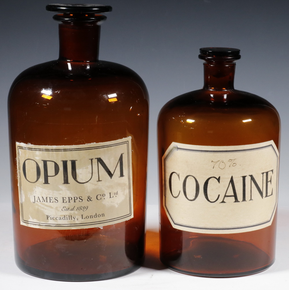 Appraisal: BROWN GLASS APOTHECARY JARS WITH STOPPERS OPIUM COCAINE Opium James