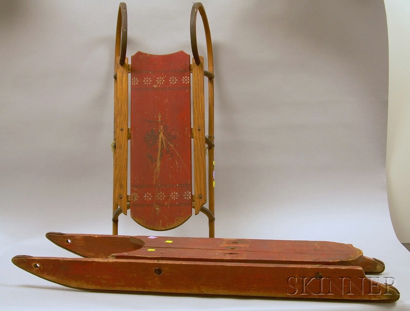 Appraisal: Two Red-painted Wood and Iron Child's Sleds one labeled Paris