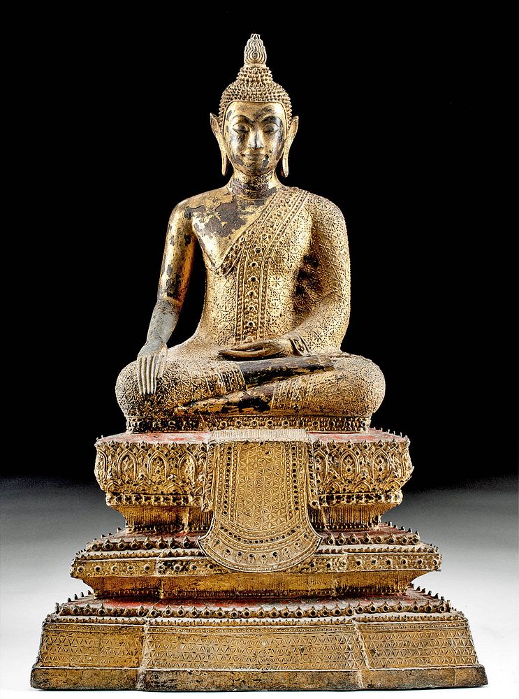 Appraisal: th C Thai Gilt Brass Seated Buddha Statue Southeast Asia