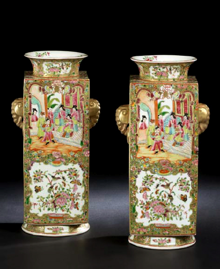 Appraisal: Unusual Pair of Chinese Export Porcelain Vases each of square