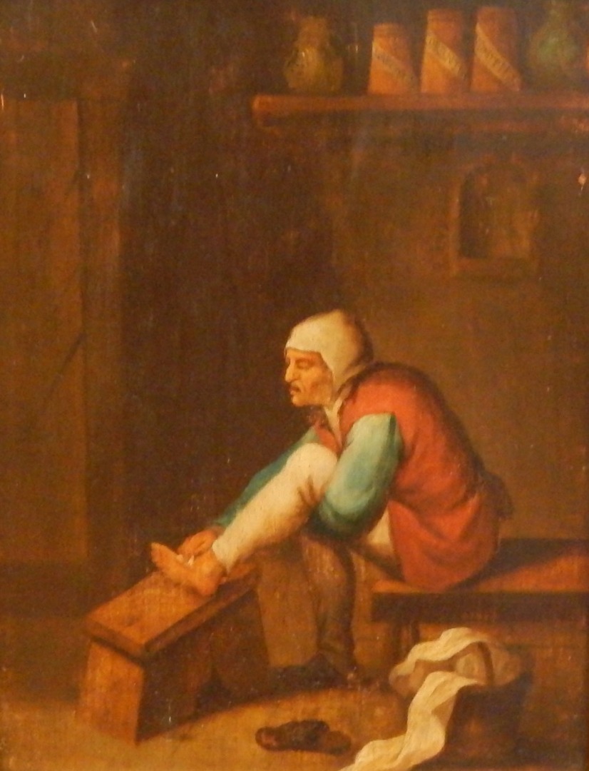 Appraisal: thC Flemish School Interior scene figure washing foot shelf in