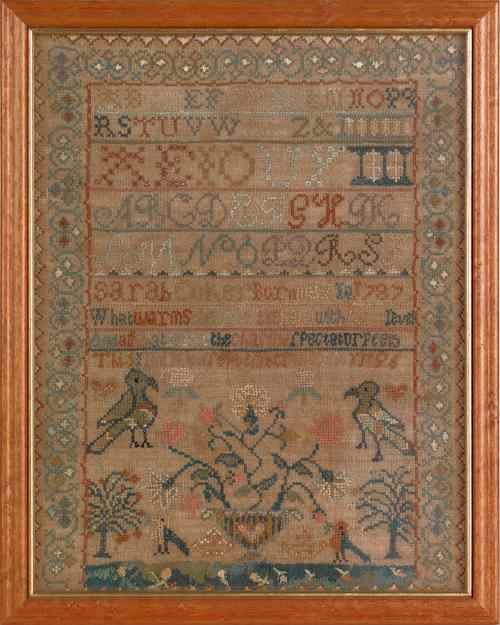 Appraisal: Essex Massachusetts silk on linen sampler dated wrought by Sarah