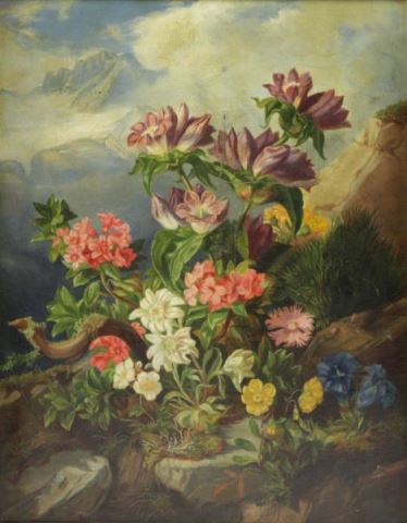 Appraisal: th C Oil on Canvas Flowers and Bee inLandscape Not