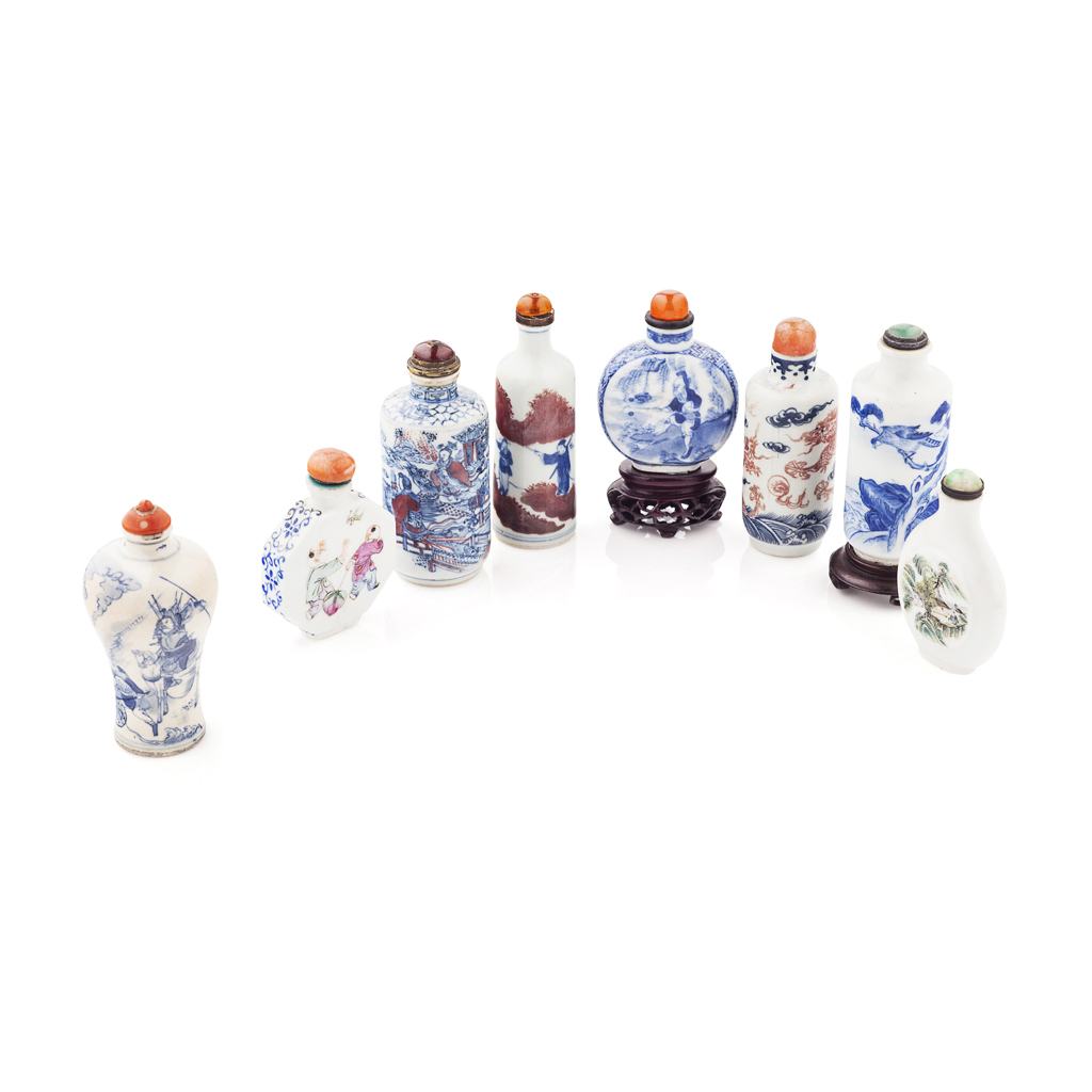 Appraisal: YEIGHT PORCELAIN SNUFF BOTTLES TH TH CENTURY comprising a moonflask-form