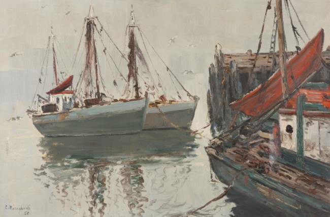 Appraisal: Harbor scene with red boat oil on canvas x SLL