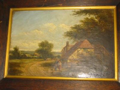 Appraisal: ENGLISH SCHOOL Figures and Cattle near a Cottage indistinctly signed