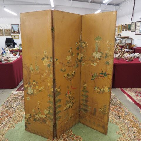 Appraisal: Oriental Handpainted Screen three panels with figures and flowers tall