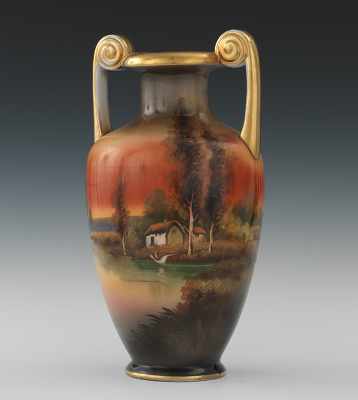 Appraisal: A Scenic Porcelain Vase Large vase with scrolling handles with