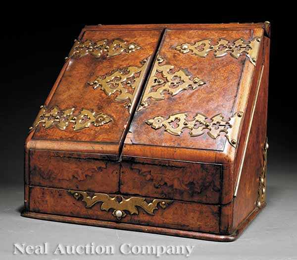 Appraisal: An English Gothic Revival Brass-Mounted Circassian Walnut Writing Box mid-