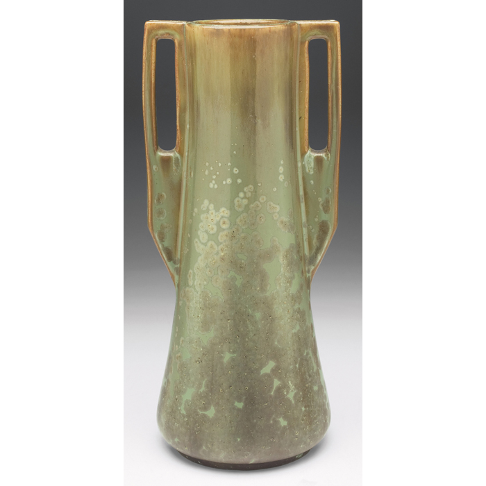 Appraisal: Fulper vase c double handled shape covered in a green