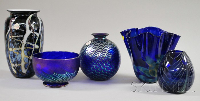 Appraisal: Four Contemporary Studio Iridescent Colored Art Glass Vases and a