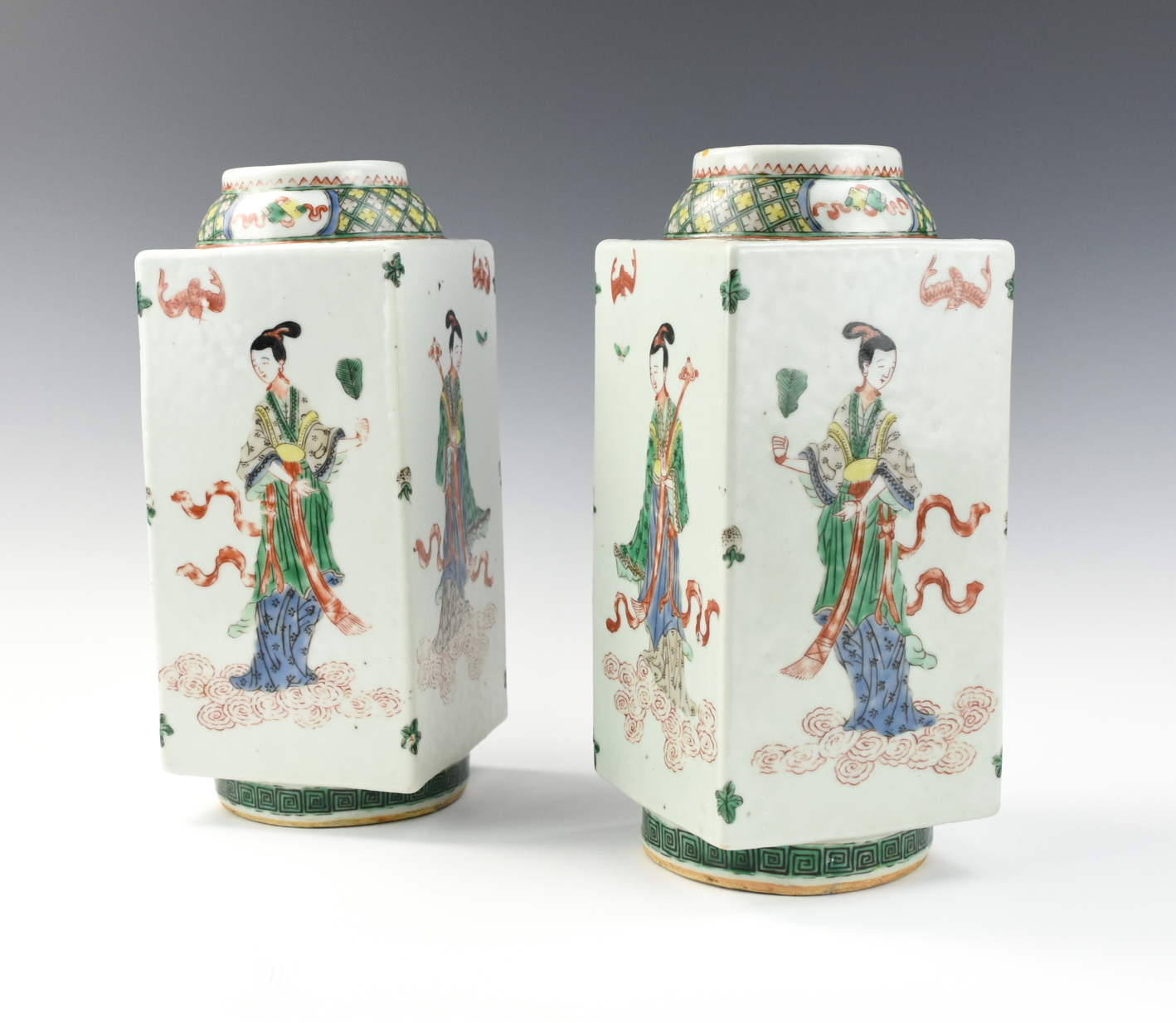 Appraisal: PAIR OF CHINESE FAMILLE VERTE SQUARE VASE TH C Chinese