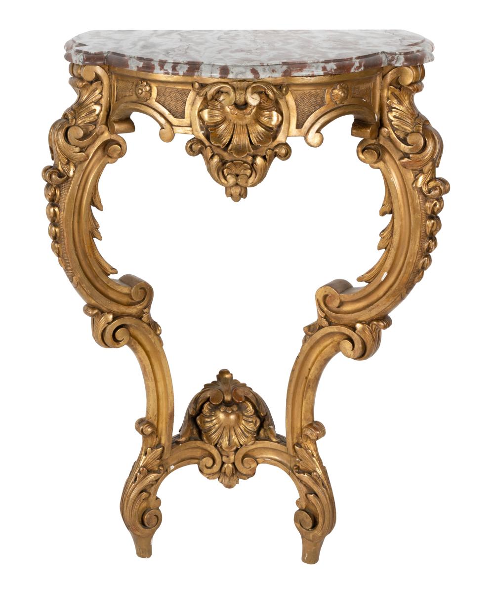 Appraisal: ROCOCO-STYLE GILTWOOD CONSOLE TABLEwith rouge marble top inches wide inches