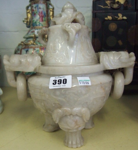 Appraisal: A large hardstone tripod censer and cover th century raised