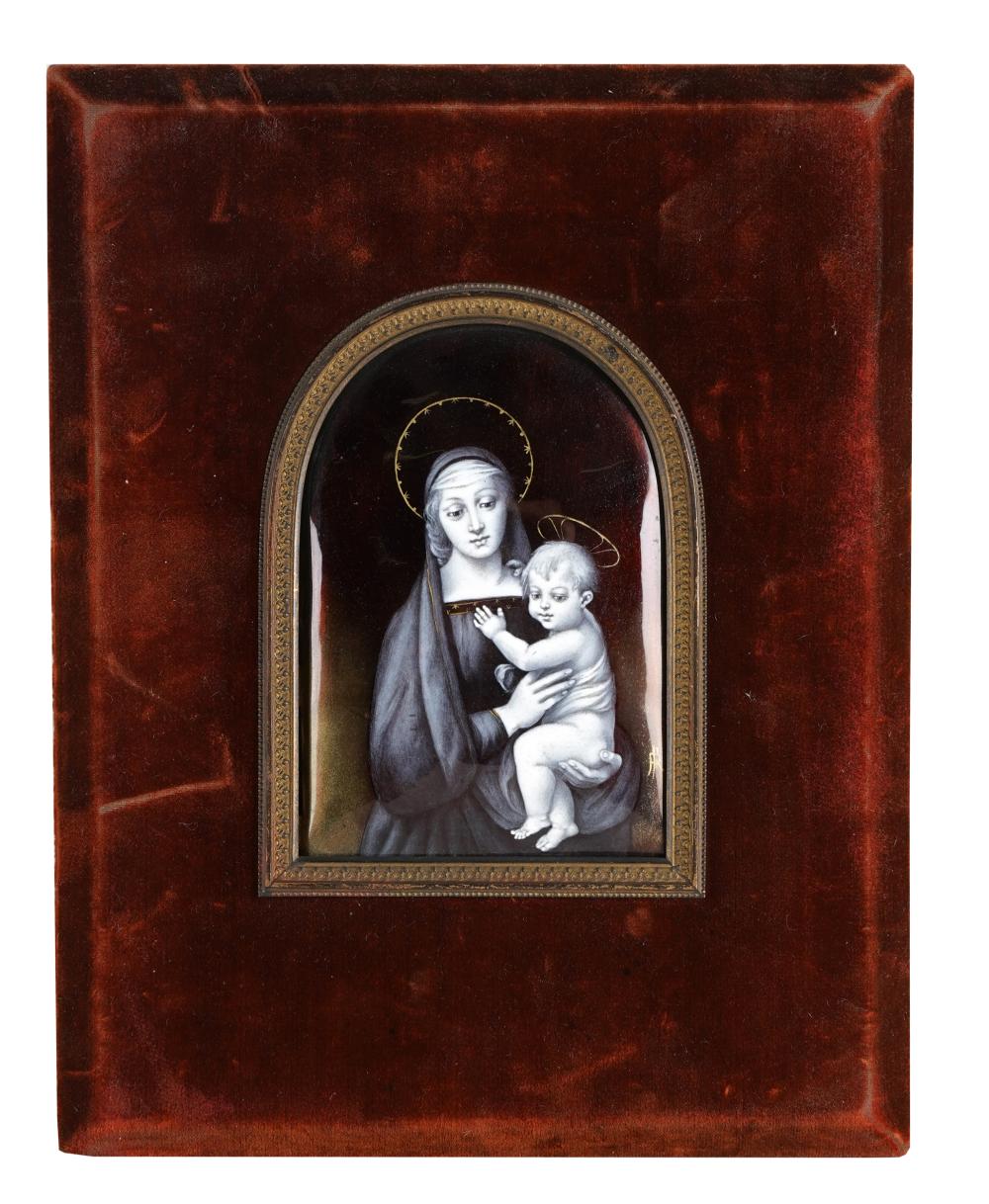 Appraisal: CONTINENTAL ENAMELED COPPER RELIGIOUS PLAQUEdepicting Madonna and Child after Raphael