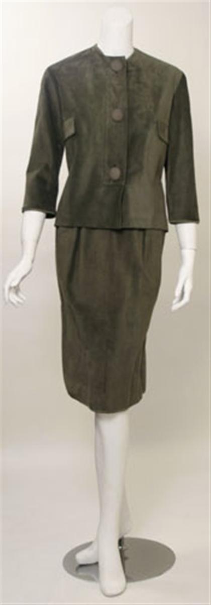 Appraisal: Lucette Hervieu olive suede skirt suit s- s Collarless with