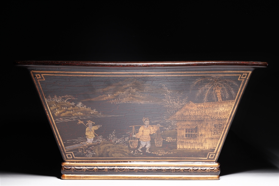 Appraisal: Chinese lacquer-imitating gilt porcelain basin with figures and landscape detail