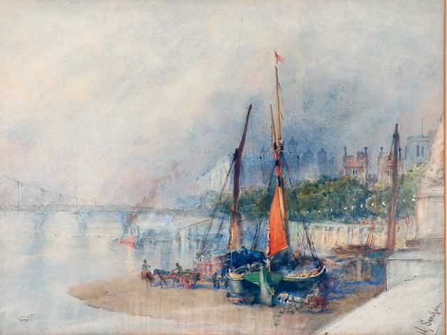 Appraisal: Boats along the shore watercolor x sight SLR Hy Sandham