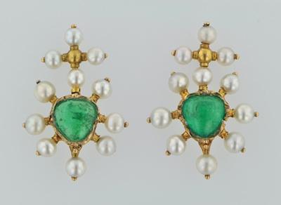 Appraisal: A Pair of Pearl and Emerald Earrings Yellow gold earrings