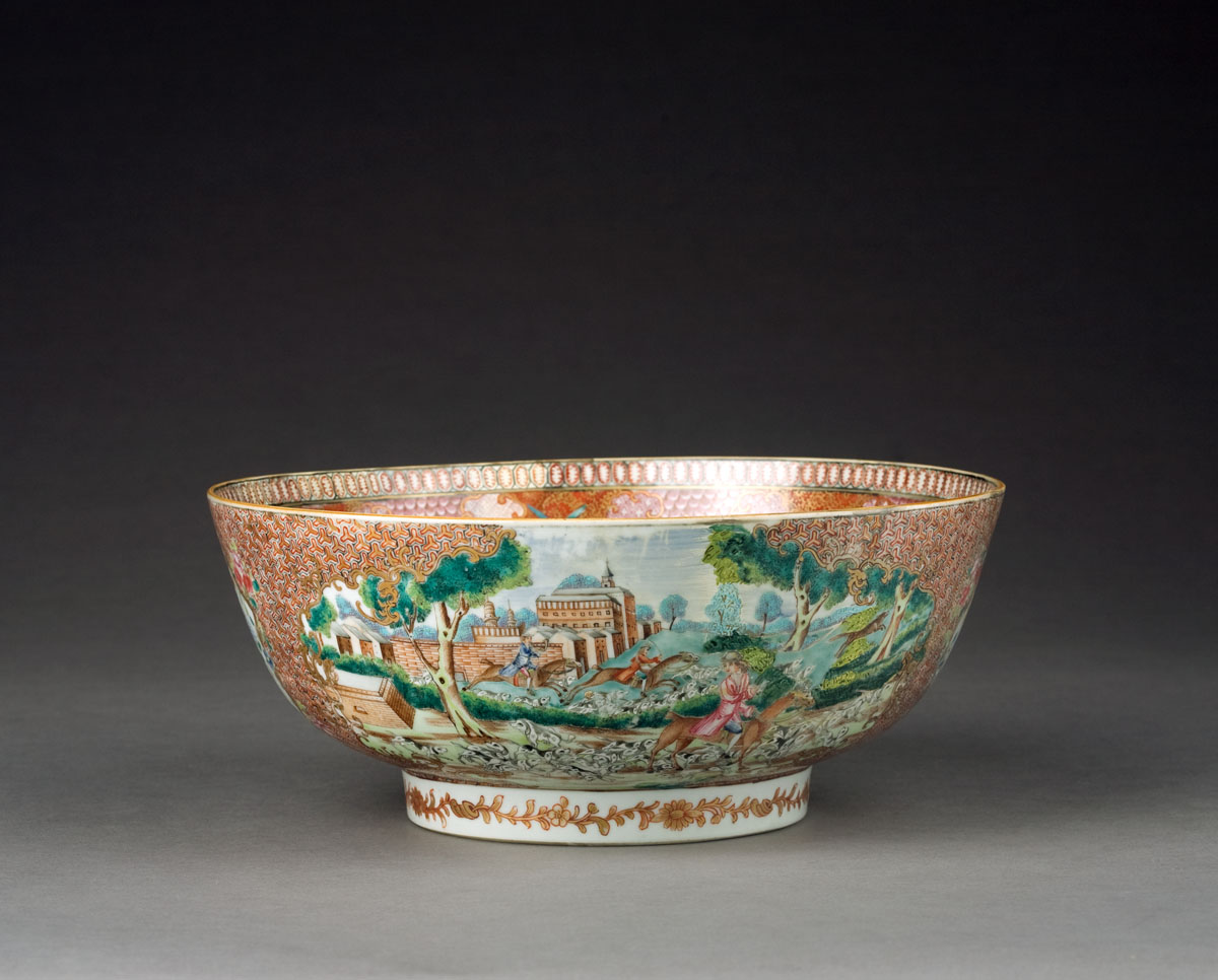 Appraisal: CHINESE EXPORT PORCELAIN POLYCHROME DECORATED HUNT BOWL The exterior with