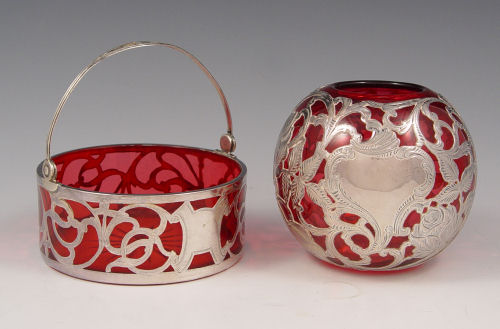 Appraisal: ALVIN STERLING SILVER OVERLAY CRANBERRY GLASS ROSE BOWL Sold together