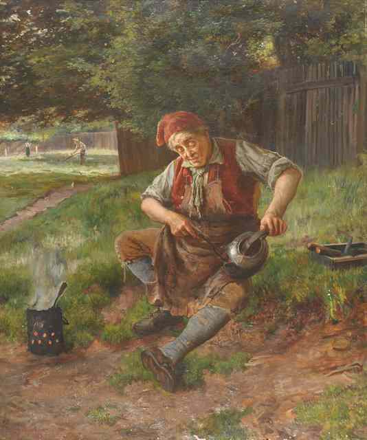 Appraisal: Francis Sydney Muschamp - Cleaning the kettle signed and dated