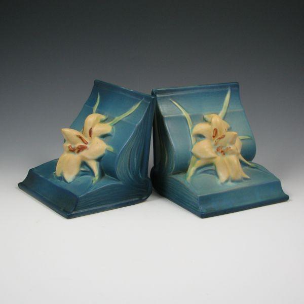 Appraisal: Pair of blue Roseville Zephyr Lily bookends Marked Roseville USA