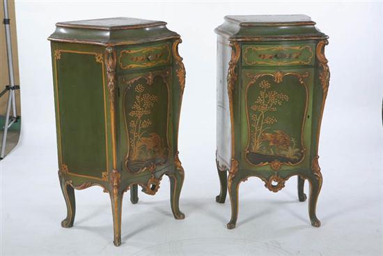 Appraisal: TWO MATCHING MUSIC CABINETS Green with paint decorated floral and