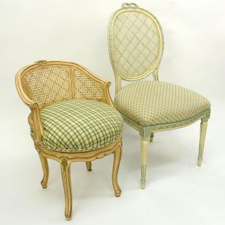 Appraisal: Grouping of Two Mid Century Carved Wood and Upholstered Louis