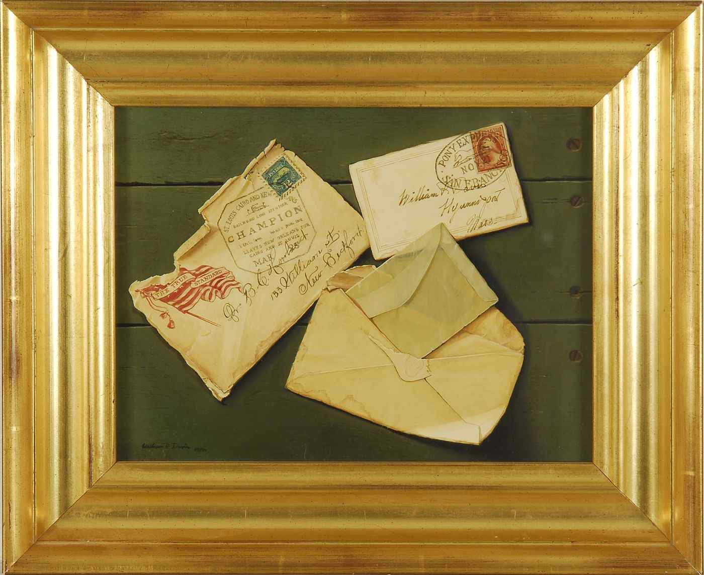 Appraisal: WILLIAM R DAVISAmerican ContemporayTrompe-l'oeil of three envelopes Signed lower left