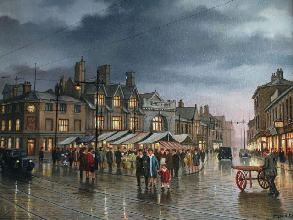 Appraisal: STEVEN SCHOLES twentieth century OIL PAINTINGMarket scene on a rainy