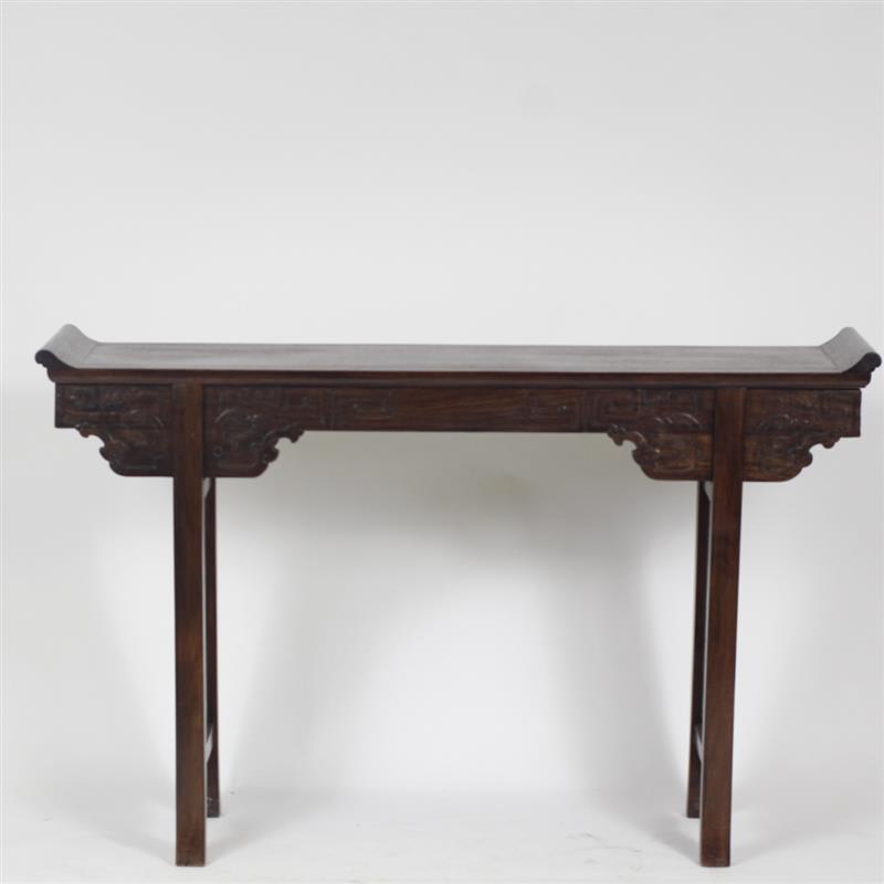 Appraisal: Chinese mahogany altar table with dragon motif and open carved