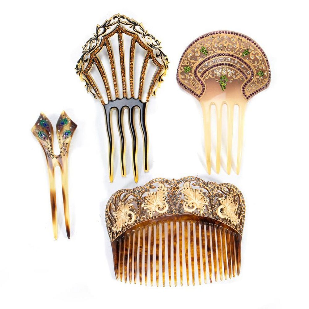 Appraisal: Vintage rhinestone celluloid and shell hair combs Four rhinestone celluloid