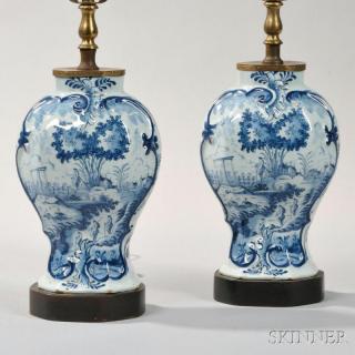 Appraisal: Two Early Delft Vases Mounted as Lamps the baluster-form vases