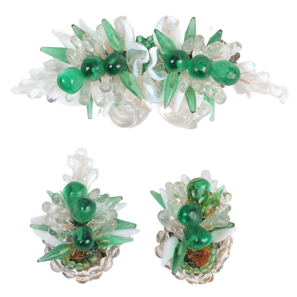 Appraisal: FRENCH GREEN AND WHITE POURED GLASS AND ART BEAD CLUSTER