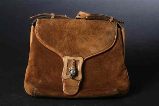 Appraisal: GUCCI BROWN SUEDE HANDBAG With enamelled tiger and buckle clasp