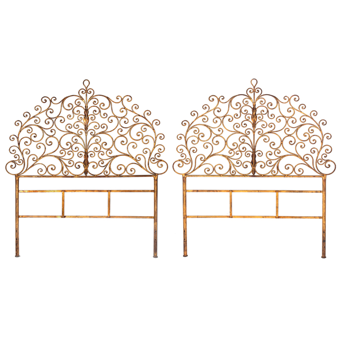 Appraisal: Midcentury headboards pair elaborate scroll-work in metal with gold-leafed finish