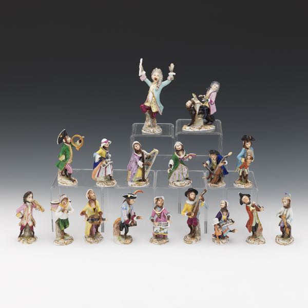 Appraisal: DRESDEN PORCELAIN SEVENTEEN PIECE MONKEY ORCHESTRA Polychromed porcelain figurines of