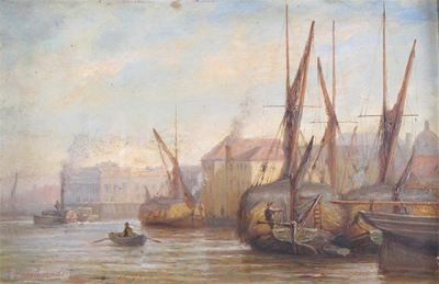 Appraisal: Thomas Hale Sanders th Century Hay barges moored near houses