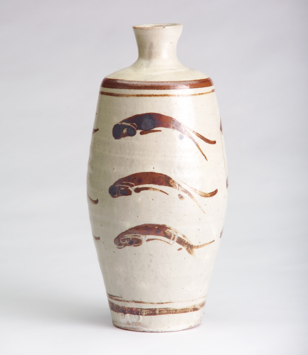 Appraisal: BERNARD LEACH Exceptional stoneware bottle painted with brown fish on