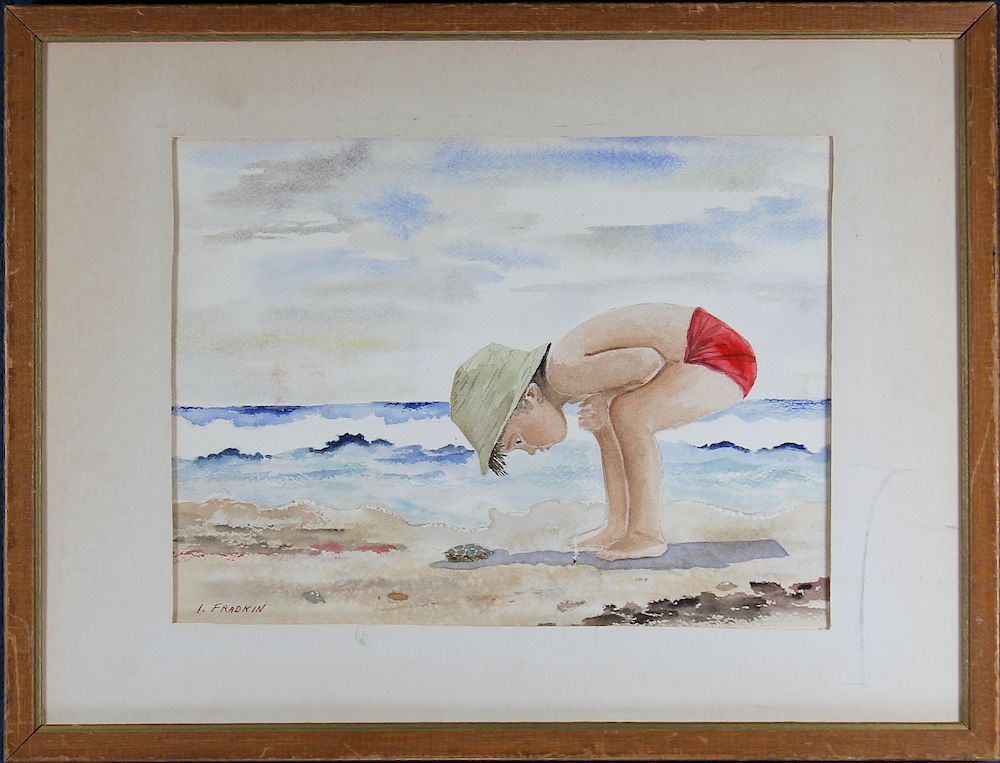 Appraisal: L Fradkin Watercolor of Young Boy at the Beach L