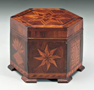 Appraisal: Inlaid folk art box hexagonal with multiple star and geometric