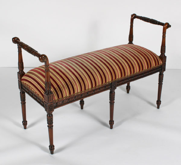 Appraisal: Mahogany bench carved corner legs extend into floral decorated arms